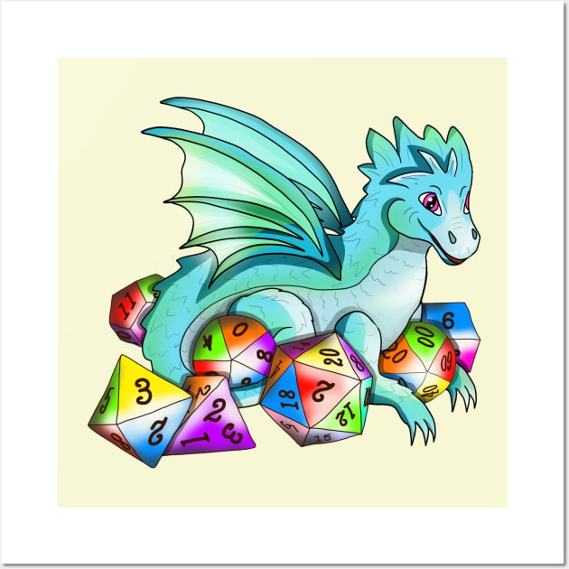 Cute baby cartoon dragon with dnd dice Wall Art by cuisinecat